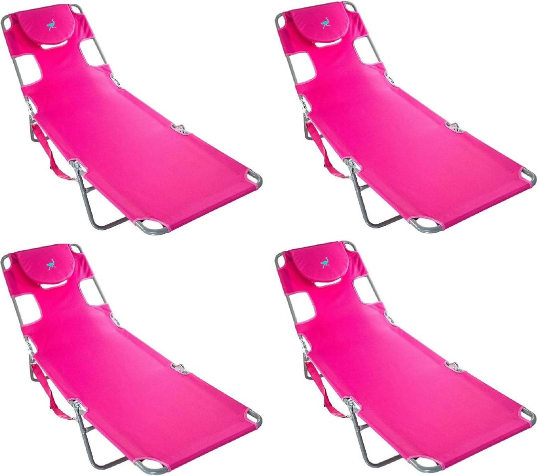 Ostrich Chaise Lounge Folding Portable Sunbathing Poolside Beach Chair (4 Pack) (Pink)