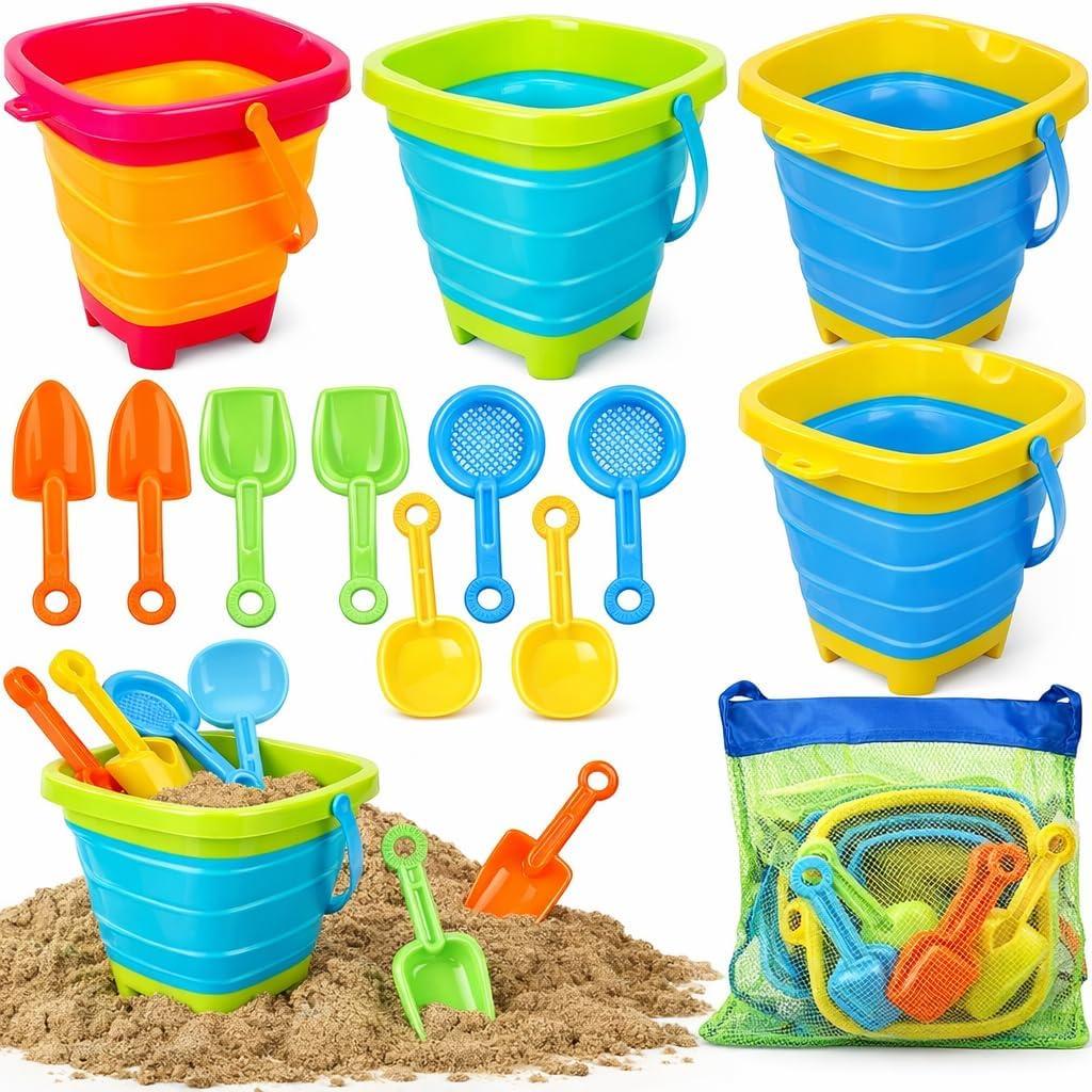 TOY Life Collapsible Beach Toys for Kids with 4 Silicone Collapsible Sand Buckets & 8 Shovels & Mesh Bag, Travel Beach Essentials for Kids Sand Toys Toddlers, Sandbox Toys for Boys Girls Ages 3-5 4-8