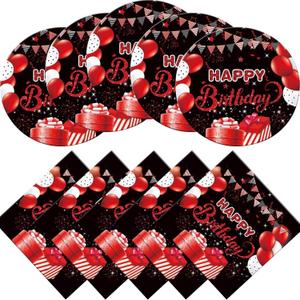 Red and Black Party Tableware Set, 20 Plates and Napkins, Confetti Sprinkles, Party Decorations