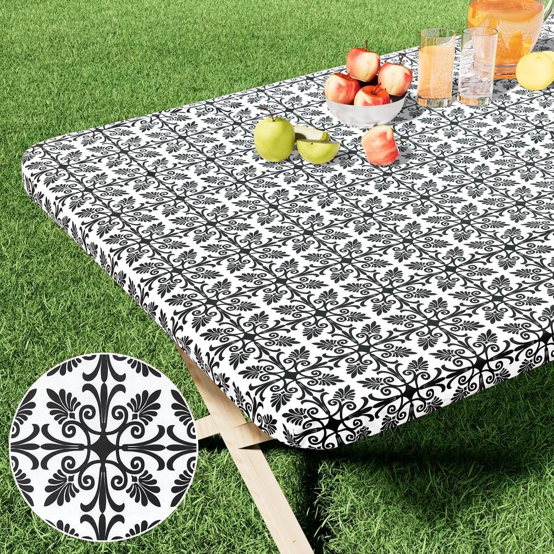 misaya Rectangle Vinyl Table Cloth, Elastic Fitted Flannel Backed Tablecloth, 100% Waterproof Plastic Table Cover Fits Folding Tables for Picnic, Camping, Outdoor (Black, 36" x 60")