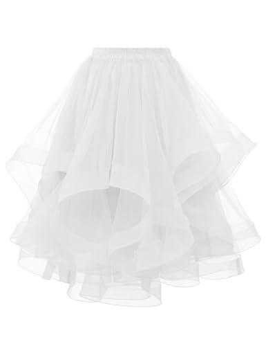 DRESSTELLS White Tulle Skirts for Women Midi A Line Elastic High Waisted Summer Tiered Layered Puffy Tutu Fluffy Wedding Party Birthday Skirt, White, S