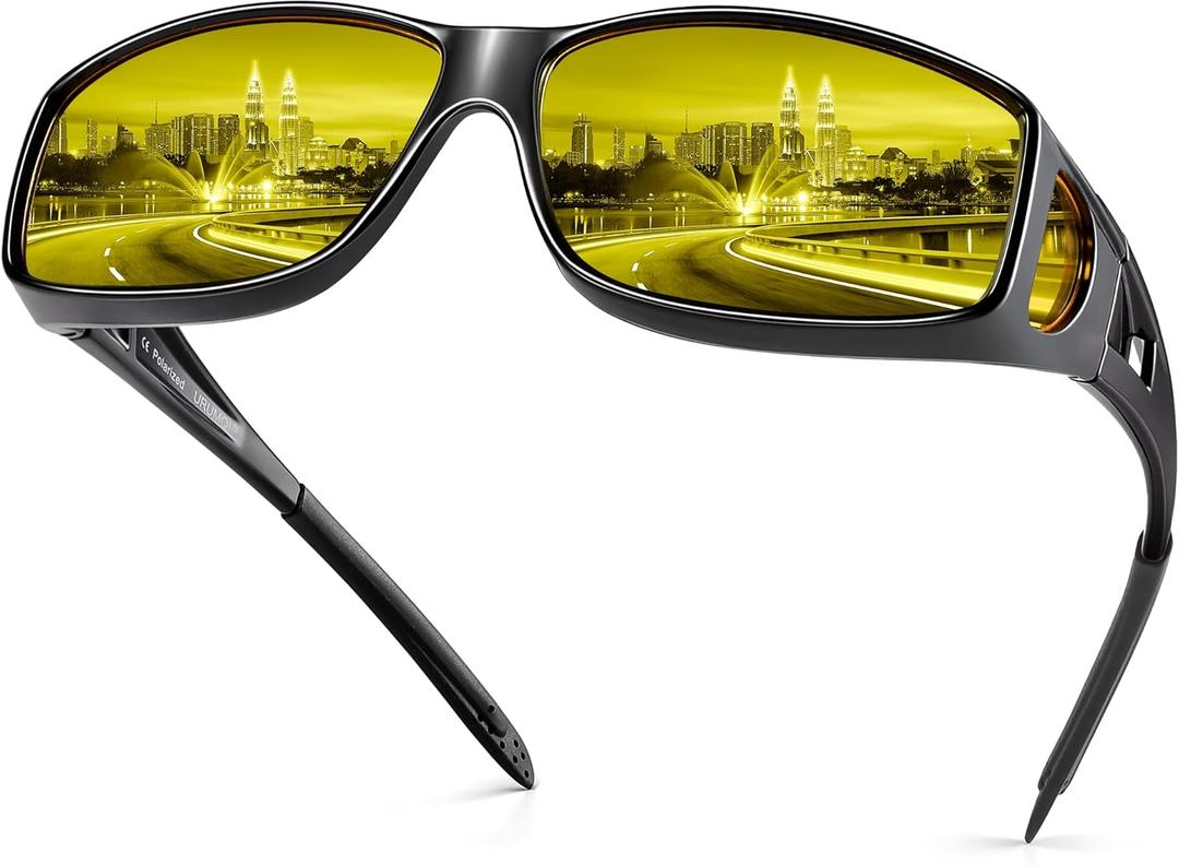 URUMQI Night Vision Driving Glasses Fit Over Eyeglasses for Men Women, Anti Glare Polarized Nighttime Glasses Yellow Lens (A01 Glossy Black Frame/Night Vision Lens)