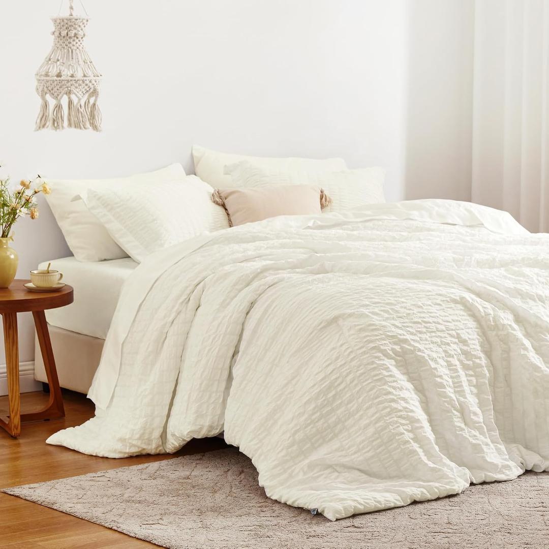 Love's cabin Seersucker Ivory King Size Comforter Set, 7-Piece All Season Lightweight Bed in a Bag Bedding Set with Comforter, Flat Sheet, Fitted Sheet, Pillowcases and Shams