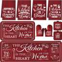 Fourluoo 10 Pcs Farmhouse Kitchen Decor and Accessories Set 4 Kitchen Towels 2 Pot Holders 2 Oven Mitts 2 Rugs for Cooking Baking Mom Housewarming Gifts(Red,Classic Style)