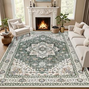Area Rugs 9x12 Living Room Rug: Washable Rug Soft Vintage Boho Medallion Carpet Indoor Non-Slip Stain Resistant Large Carpets for Bedroom Dining Room Farmhouse Nursery Home Office Green Ivory