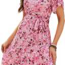 Womens Wrap V Neck Short Sleeve Dress 2025 Summer Floral Boho Dress Ruffle A Line Flowy High Low Midi Dresses (Pink, L)