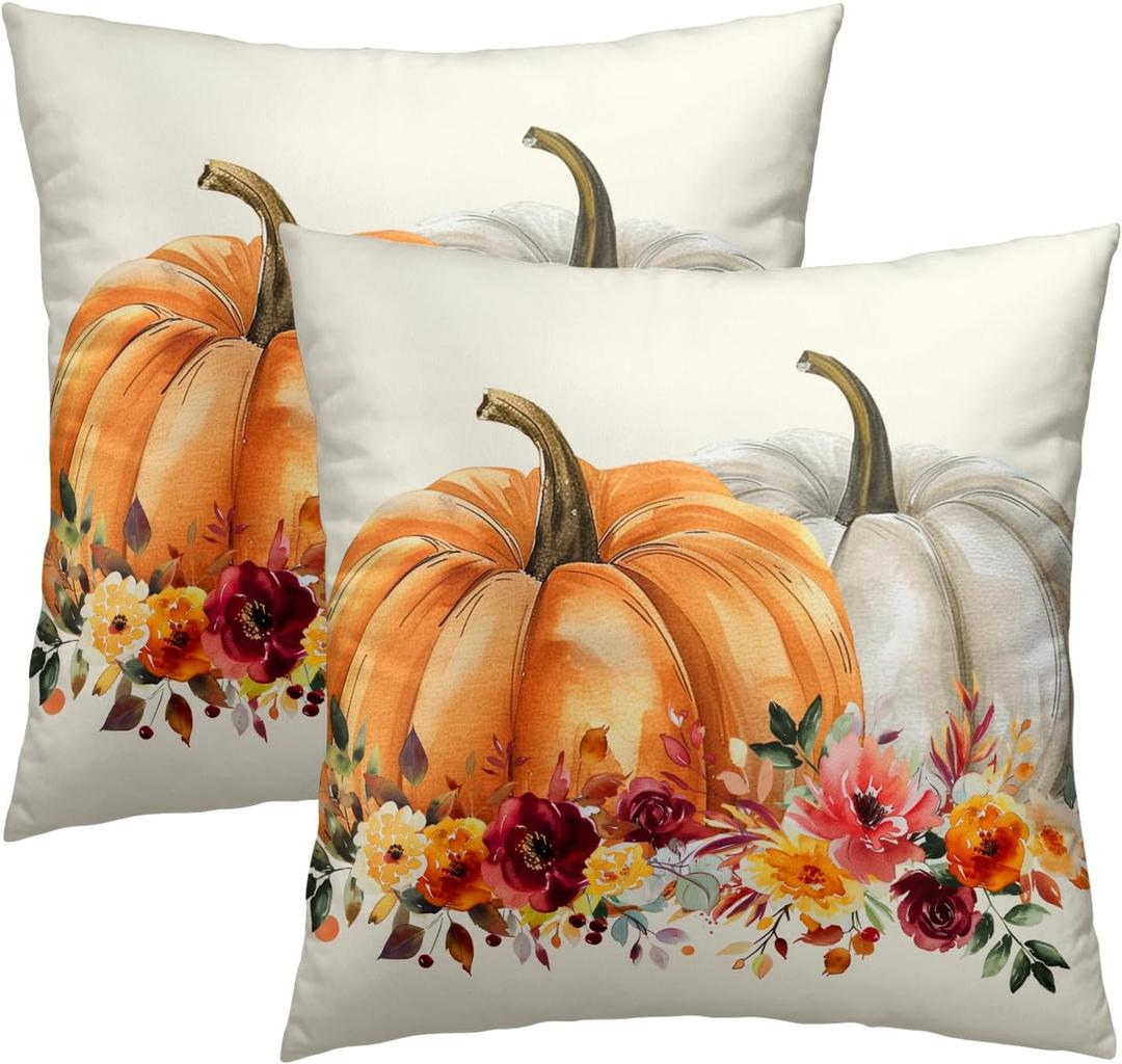 Kawani Orange White Pumpkin Flower Leaf Throw Pillow Cover 18x18 Inch Pack of 2 Fall Thanksgiving Cushion Pillow Case Square Autumn Flowers Pillowcase for Party Bed Sofa Home Car Bedroom Outdoor
