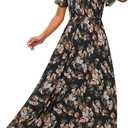 Simplee Womens Casual Floral Summer Maxi Dress 2026 Boho Flowy Short Sleeve Crew Neck Vacation Smocked Chiffon Dresses (Brown, XL)