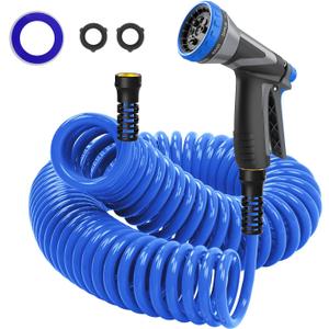 Coil Hose,3/8" EVA Coil Garden Hose 25 FT,Curly Water Hose Lightweight with Metal Connectors and Swivel Handle,Retractable Garden Hose Includes 8-Pattern Spray Nozzle for Boat, Yard, Patio