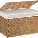 Wicker Storage Basket with Lid, 42.3 Gallon (160L) Large Blanket Basket with Lid, Woven Storage Bin with Handles, Removable Liner, Metal Frame, Foldable, for Bedroom, Laundry Room, Natural