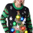 Giggling Getup Ugly Christmas Sweater with Light, LED Ugly Christmas Sweater for Women Men Kids 2025 Christmas Tree(Green)