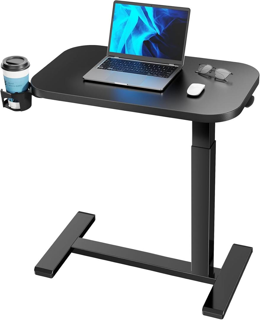 HUANUO Bedside Table with Wheels, Height-Adjustable Rolling Computer Cart, Overbed Table with Cup Holder, Pneumatic Laptop Standing Desk for Home Office, Black (27.6" x 15.7") (Small 28*16Inch)