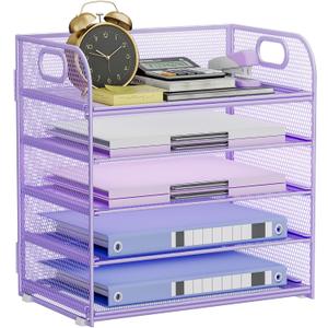 5-Tier Stackable Paper Organizer with Handle, Purple Metal Mesh Letter Tray | Elegant Desk File Sorter for Office, Home & Classroom Organization