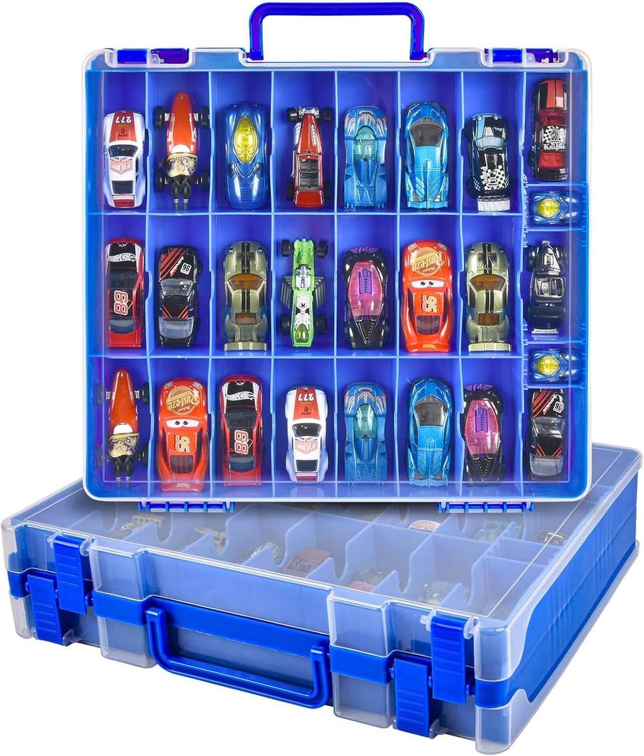 Toy Car Storage Organizer Case Compatible with Hot Wheels/for Matchbox Cars. Display Carrying Container Holder for LOL Surprise Dolls/for Shopkins with 48 Compartments Double Sided-Blue (Box Only)