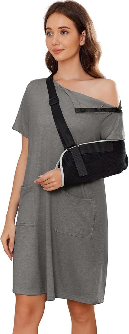 Deyeek Women's Post Shoulder Surgery dress Tear Away Short Sleeve Full Open Side Snap Adaptive Clothing with Pockets (Medium, Grey)