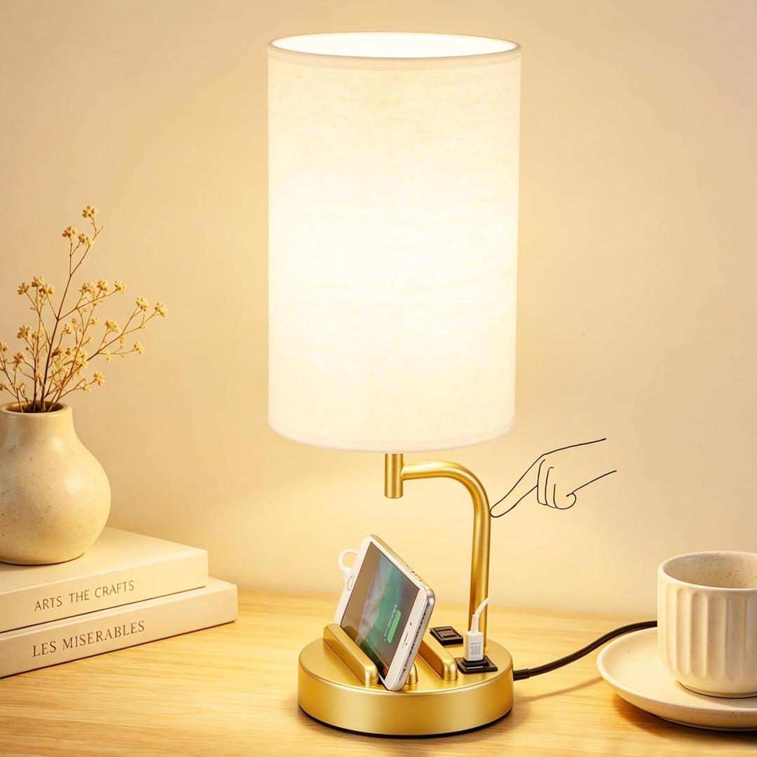Dreamholder Touch Control USB Table Lamp with USB C/A & AC Outlet, 3-Way Dimmable Bedside Lamp, Modern Nightstand Lamps for Bedroom Living Room Guest Room Office, Bulb Included, Gold