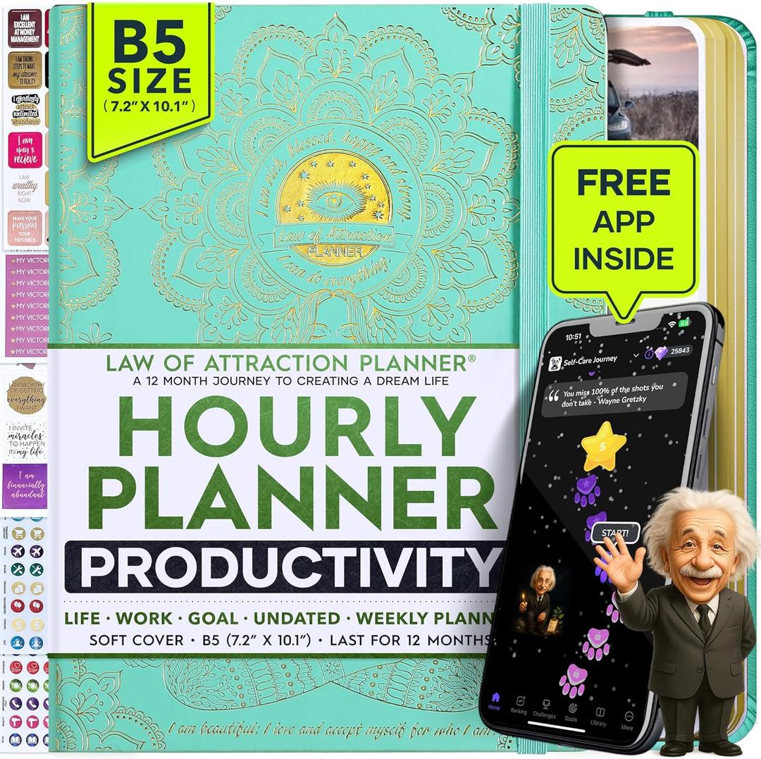Hourly Planner  Undated Weekly & Monthly Goal Setting Planner, 12-Month to Increase Productivity | Life & Gratitude Journal, Include Foldable Vision Board, Gift Box & Stickers (B5 18.29 x 25.65 cm, ['Soft Turquoise'])