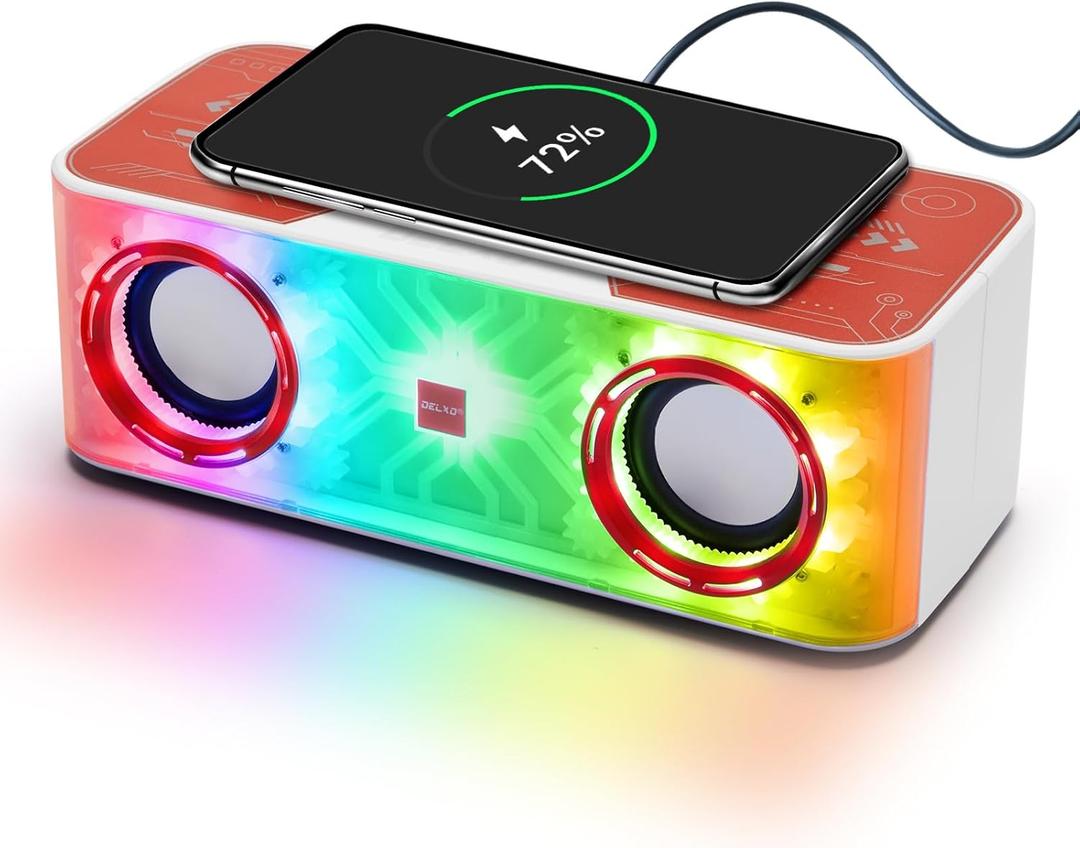 Delxo Bluetooth Speaker with Wireless Charger for Phone,Pro Stereo Bass Speaker with Mecha Atmosphere Lamp,Electronic Gadgets for Teen Adults Birthday for Teenagers