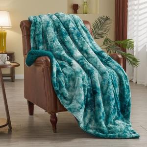NEWCOSPLAY Super Soft Faux Fur Throw Blanket for Couch Tie-dye Light Teal Sherpa Fuzzy Plush Warm Blanket for Sofa Bed (Tie-dye Light Teal, Throw(40"x50")) (Throw(40"x50"), Tie-dye Light Teal)