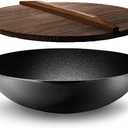 NutriChef Cast Iron Wok with Wooden Lid - Pre-Seasoned Chinese Wok for Stir-Fry, Compatible with Multiple Cooktops Including Induction, Large 5.8 Qt Capacity, 12" Diameter