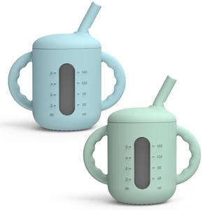 Seposeve 2 Pack Silicone Sippy Cups, Leak-Proof Baby Straw Cup for 6-12 Months, Spill Proof Toddler Cup with Straw 1-3 Years, with Capacity Marking, Non-slip Handle, Flow Control, 6 oz, Green Blue