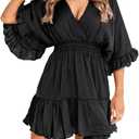 Aoysky Womens V Neck Casual Dresses Summer Loose High Waist Ruffle Pleated Cute Mini Short Dress (XX-Large, Black)