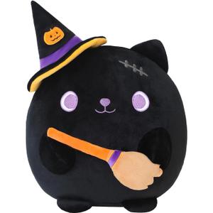 Halloween Cat Stuffed Animal Toy Mysterious Witch with Broom Stuffed Plush Home Decor Halloween Party Gifts for Kids Girls and BoysWitch Broom Cat 10 Inch