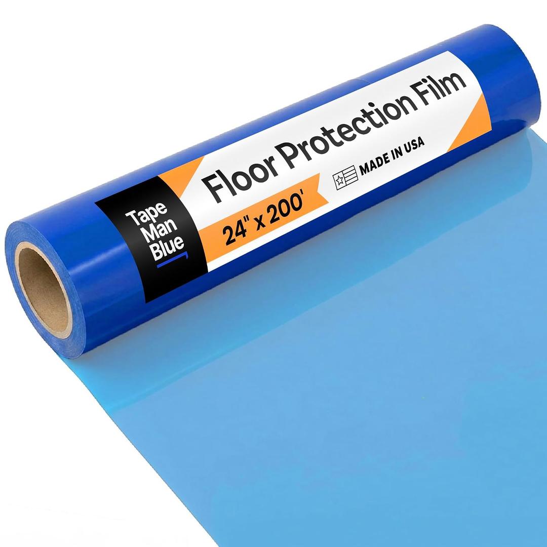 Floor Protection Film, 24 inch x 200' roll, Made in USA, Blue Self Adhesive Floor Protector for Moving and Construction, Temporary Covering for Protection of Hardwood, Tile, Other Hard Surfaces