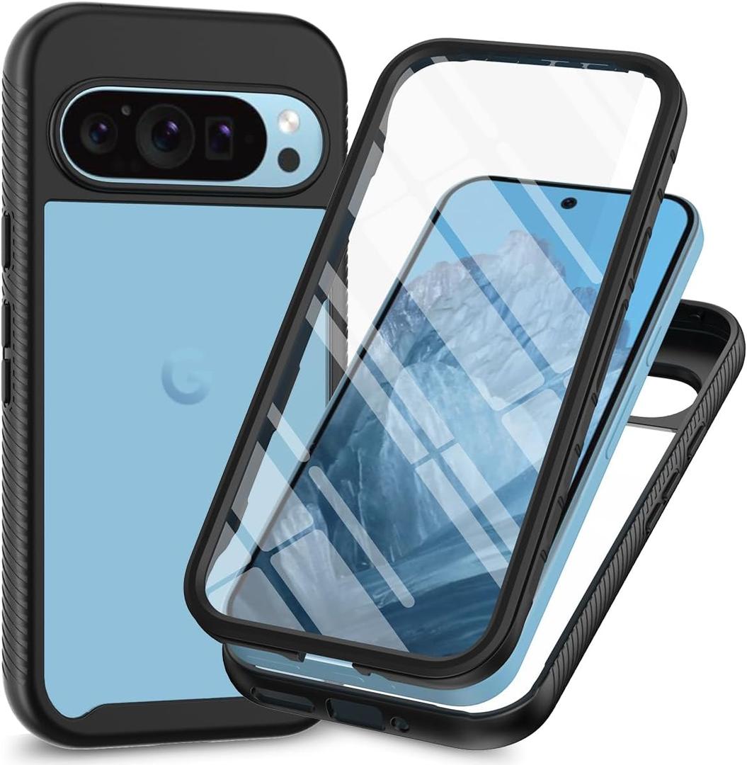 for Google Pixel 9 Pro XL 5G Case, Pixel 9 Pro XL 2024 Phone Case with Built-in Screen Protector Clear Slim Back Cover Shockproof Rugged Heavy Duty Bumper Full Protective Case, Black
