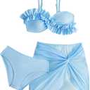 Girl's 3 Piece Bikini Set Cute Ruffle Trim Swimsuits Bathing Suits with Twist Knot Beach Skirts (Blue)