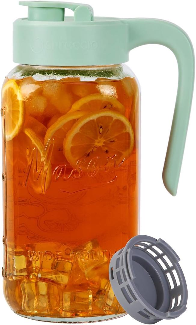Mason Jar Pitcher with Tea Filter, Airtight & Leakproof Glass Pitcher with Lid, 64 oz Sun Tea Glass Jar for Outside, Perfect for Sun Tea, Lemonade, and iced Tea (Green)