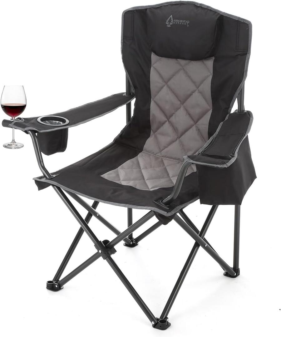 ARROWHEAD OUTDOOR Portable Deluxe Folding Camp Quad Chair w/Headrest, Glass & Cup Holders, Armest 6-can Cooler, Heavy Duty Carry Bag, 550 lbs Weight Capacity (Black)