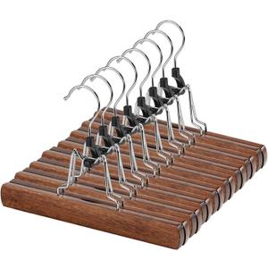 AMKUFO 12 Pack Wooden Pants Hangers with Clips Non Slip Skirt Hangers Walnut Trouser Clamp Hanger Solid Wood Hanger with 360 Swivel Hook