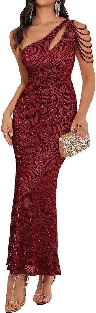 Elegant Sequin Dresses for Wedding Guest One Shoulder Dress for Women with Bead Maxi Formal Gowns (Red, S)