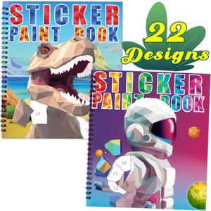 90shine 2PCS Sticker Books for Kids Boys Ages 4-8 Dinosaur Space Designs Party Gift Create 22 Pictures