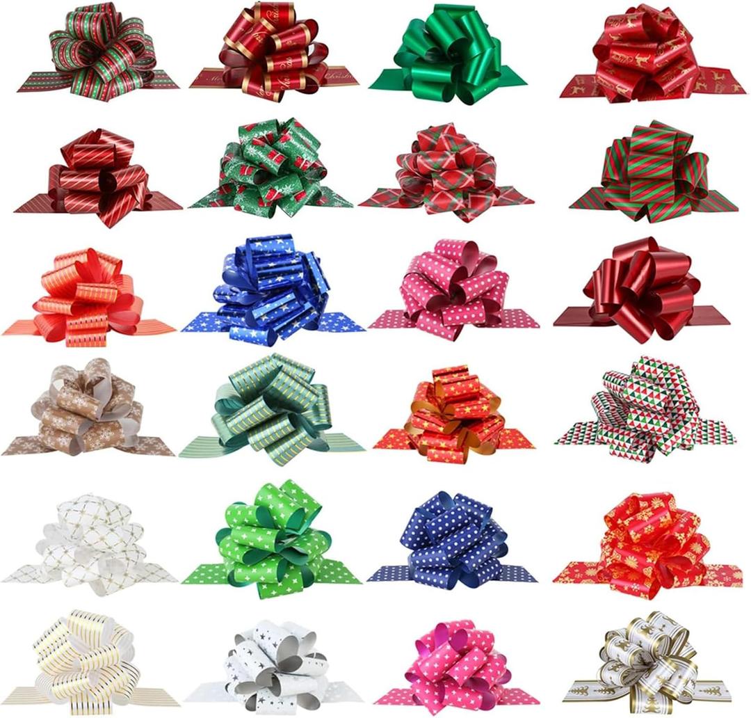 Christmas Gift Wrap Bows Ribbon 40mm for Xmas Wrapping, Christmas Decorations, Florist Wrap (24PCS in 24 Patterns)