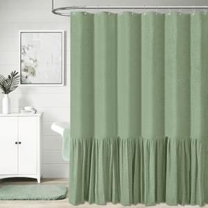 BTTN Extra Long Linen Shower Curtain - 72x96 Inch Heavy Duty Fabric Shower Curtain Set with Ruffle Hem, Tall Modern Farmhouse Vintage Country Cloth for Bathroom - Green