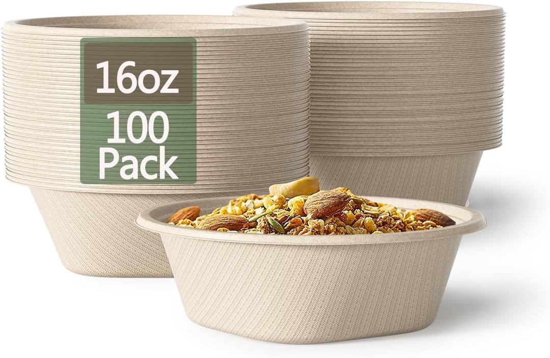 Homestockplus 16 Oz Disposable Paper Bowls - Heavy Duty Small Disposable Bowls - Made from Natural Bagasse for Cereal, Rice, French Fries - Convenient and Compostable [100/Pack]