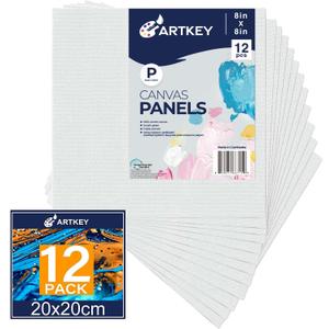 Artkey Canvas Panels 8x8 Inch 12-Pack, 10 oz Primed 100% Cotton White Blank Canvases for Painting, Square Flat Canvas Boards for Oil Acrylics Watercolor & Tempera Paints