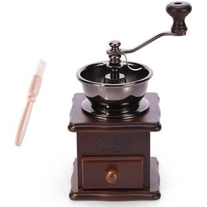 Wooden Manual Coffee Grinder Vintage Style Hand Coffee Mill Burr Coffee Grinder with Ceramic Hand Crank,Wooden Manual Coffee Grinder Cleaning Brush, Brown, 19 x 8.5 x 16 cm