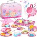Tea Party Set for Toddles 3-5,PRE-WORLD Musical Kids Tea Set for Little Girls with Dessert,Cookies,Doughnut,Cake,Cake Stand,Tablecloth & Carrying Case,Kitchen Pretend Play Toys for Girls Boys Age 3-6