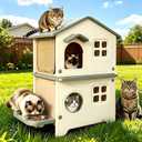 Outdoor Cat House with Insulated Liner, Weatherproof for Feral Multi Cat, 2 Story Plastic Elevated Cat Shelter with Escape Door, Scratching Post, Stainless Steel Bowl, Grey 21.5" D x 21" W x 34" H