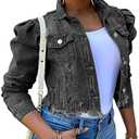 Omoone Women's Ripped Puff Sleeve Denim Crop Top Long-Sleeve Cropped Jean Jacket, Small