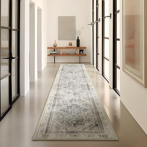 Phantoscope Hallway Runner Rug 2'x8' - Boho Washable Non-Slip Kitchen Rug Runner, Ultra-Thin Vintage Distressed Accent Throw Rug for Entryway Laundry Bathroom Bedroom, Grey/Dull Teal