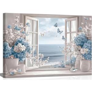 Birnsen Coastal Bathroom Flower Canvas Wall Art Blue Hydrangea Fake Window Painting Picture Wall Decor Sea View Butterfly Aesthetic Poster Print for Living Room Bedroom Bathroom Home Decoration