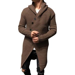 Esobo Mens Long Hooded Cardigan Button Up Knit Sweater Long Sleeve Cardigan Sweaters with Pockets (Medium, Brown)