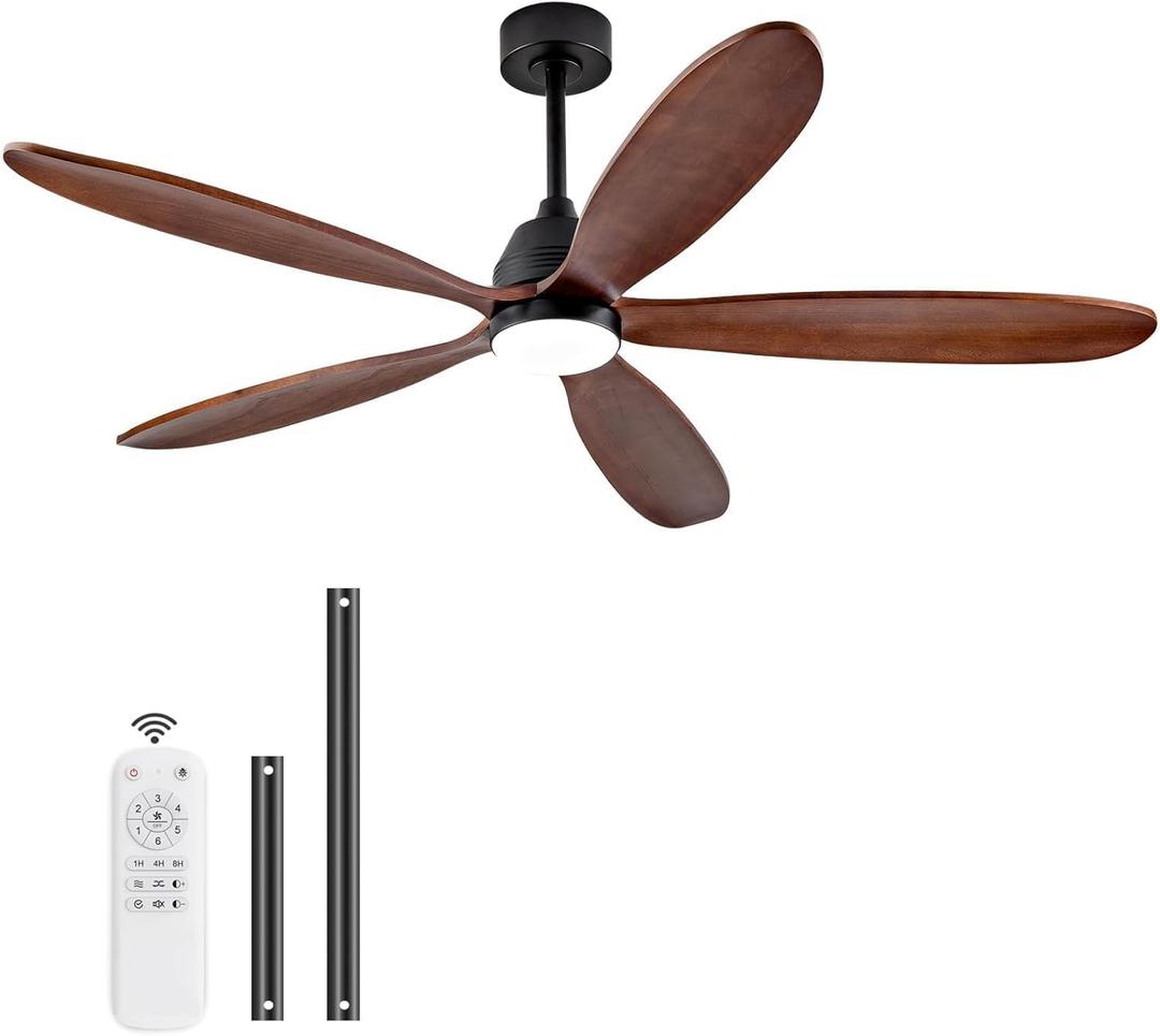 60 Inch Wood Ceiling Fans with Lights and Remote, Modern Outdoor Ceiling Fan with Light for Patio, Dimmable, 5 Blades, Reversible DC Motor, Memory Function