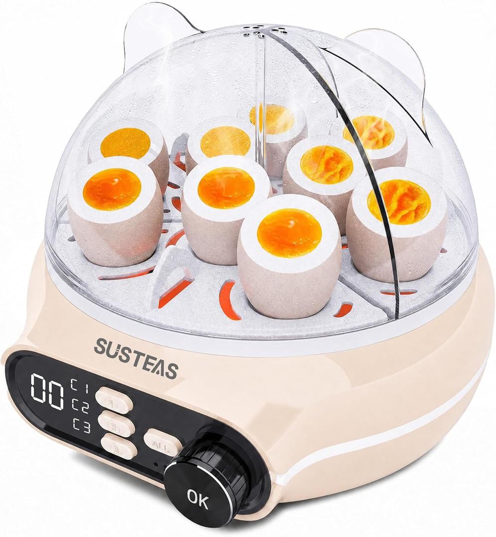 SUSTEAS Rapid Egg Cooker Electric 9 Eggs Capacity, Soft, Medium, Hard Boiled Egg Cooker Simultaneously, Egg Poacher, Kitchen Egg Steamer, Auto Shut-Off, Smart Voice Prompts, Timer Function, Beige