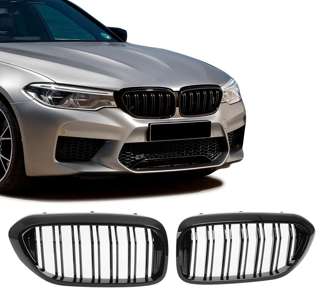 Front Grill Double Slats Grill for BMW 5 Series G30 530e 530i 540i 550i xDrive 2017 2018 2019 2020 - Front Kidney Grille (ABS Glossy Black)