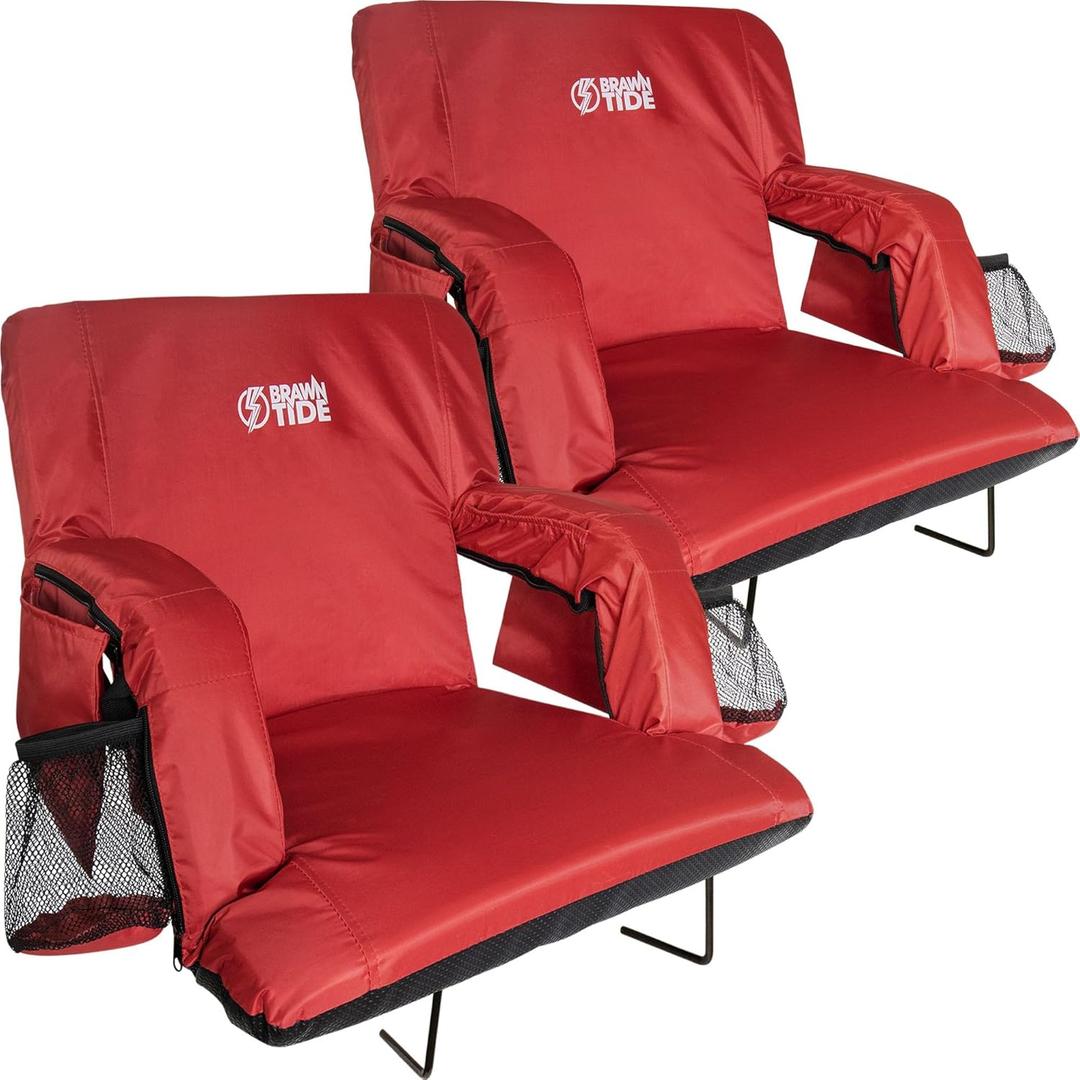 BRAWNTIDE Stadium Seat with Back Support - Comfy Cushion, Thick Padding, 2 Steel Bleacher Hooks, 4 Pockets, 2 Cup Holders, Reclining Back, Ideal Chair for Sport Events, Beaches, Camping, Concerts